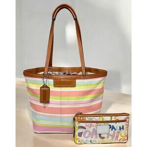 Y2K Coach F13552 Hamptons Twill Stripe Tote Bag & Graffiti Script Large Wristlet